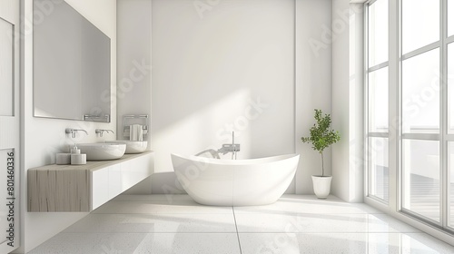 a white bathroom interior featuring a bathtub and toilet, accented with wooden furniture and a window on the wall, bathed in bright daylight.