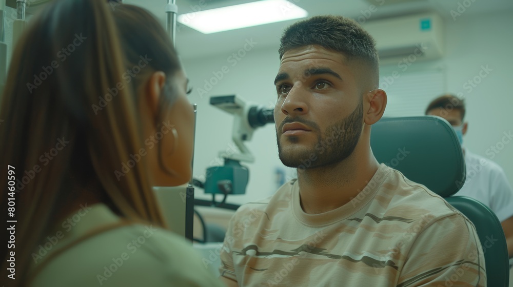 Handsome young man having his eye vision tested at a contemporary ophthalmology clinic Handsome young man having his eye vision tested at a contemporary ophthalmology clinic
