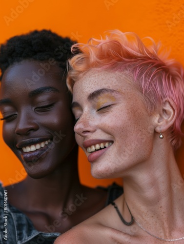 Embrace of Joy: Diverse Female Friends Sharing a Tender Moment Against Orange Backdrop