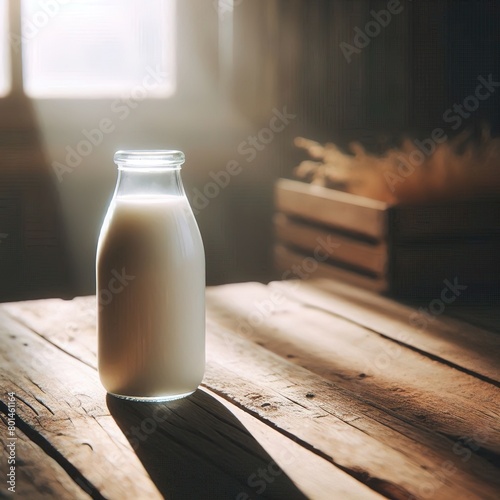 Glass of milk on wooden table drink and food concept photo
