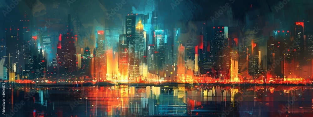 Fototapeta premium An abstract interpretation of a city skyline at night, with glowing lights and reflections.