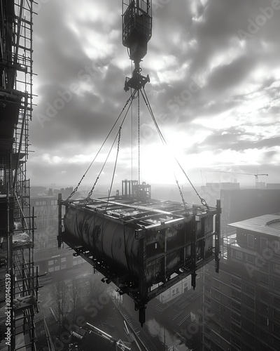 Dynamic shot of a crane lifting a heavy water tank onto a construction site, focus on the rigging and tank