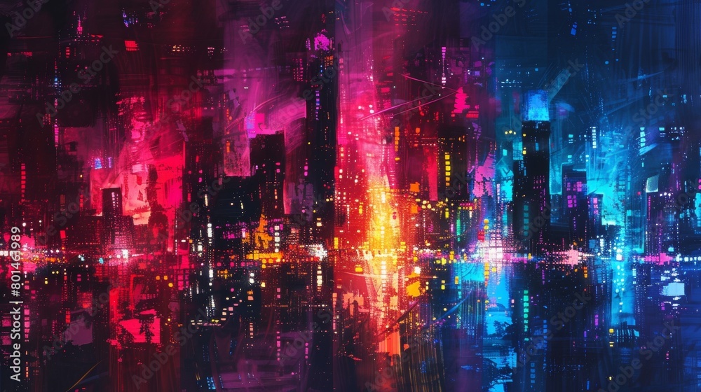 An abstract interpretation of a city skyline at night, with glowing lights and reflections. An abstract interpretation of a city skyline at night, with glowing lights and reflections.