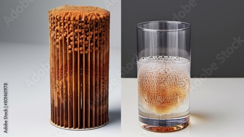 Comparison of used water filter with brown rusty water and new clean filter in glass