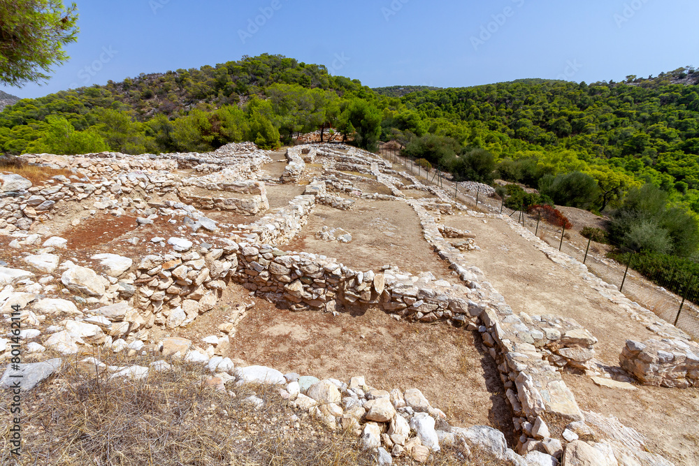 The ancient palace of Ajax the Great, a residential complex of the late Mycenaean era revealed at the location of Kanakia, in Salamina island, Greece, Europe.