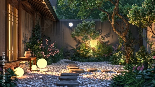 3D visualization of a quiet moonlit garden, tranquil and glowing © komgritch