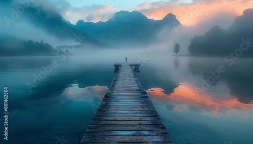 long wooden dock juts into a calm lake surrounded by mountains photo
