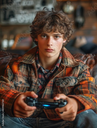 Young man sitting at home playing a video game