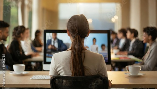 woman is sitting at a desk on online meeting photo