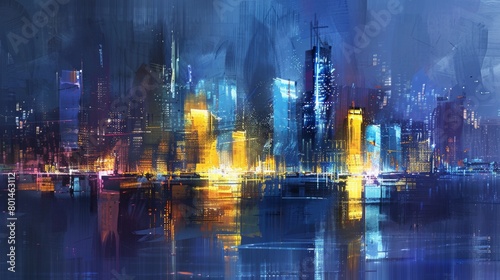 An abstract interpretation of a city skyline at night  with glowing lights and reflections.