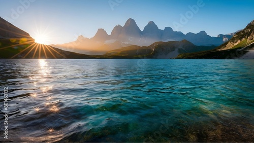 The sun is setting in the sky  casting a warm glow over a serene mountain lake. The mountains are silhouetted against the colorful sky  creating a beautiful natural scene.