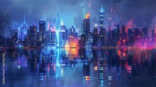 An abstract interpretation of a city skyline at night  with glowing lights and reflections.
