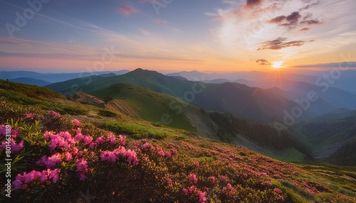 beautiful sunrise in the spring mountains view of hills covered with fresh blossom rhododendrons panoramic landscape