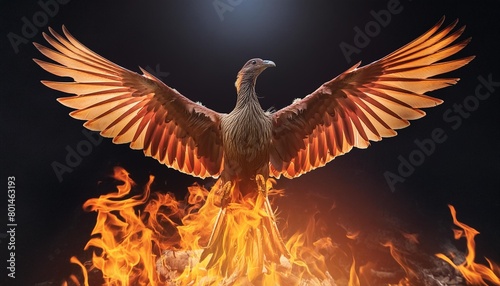 illustration of a phoenix in fire symbol of rebirth fenix with burning wings and feathers firebird on black background generative ai