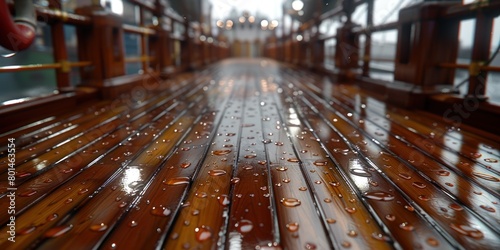 Wet wooden deck with raindrops on a boat