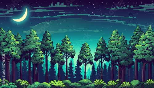 8 bit game style of spring or summer night forest horizontal background