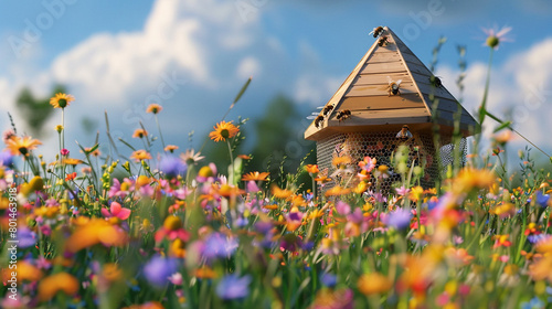 A traditional wooden bee skep nestled among a field of colorful wildflowers, its inhabitants busily collecting nectar.