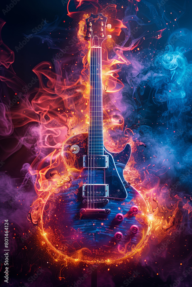 Electric guitar with rainbow paint energetic explosion, Electric guitar with rainbow paint energetic explosion,