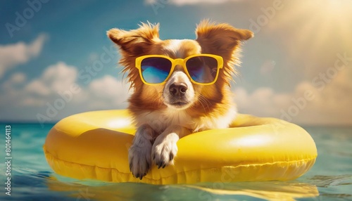 Adorable dog lounging on a yellow float in the pool, wearing stylish sunglasses under the sunny sky © Marko