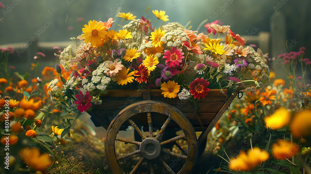 A traditional wooden wheelbarrow overflowing with vibrant, freshly picked flowers, ready to brighten someone's day.
