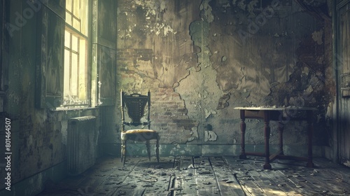 Old room with old chairs that are dilapidated, lonely, about to break down, dirty, Generative Ai. photo