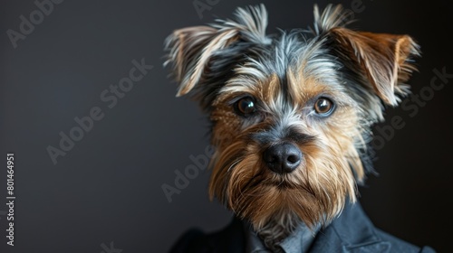 A dog is wearing a suit and sitting on a couch