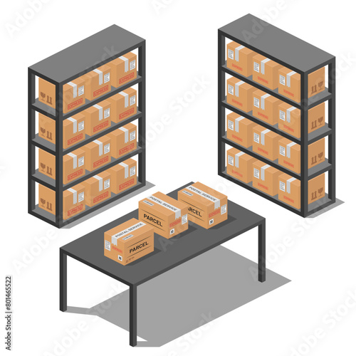 isometric elements storage room warehouse with parcels and shelves vector flat illustration