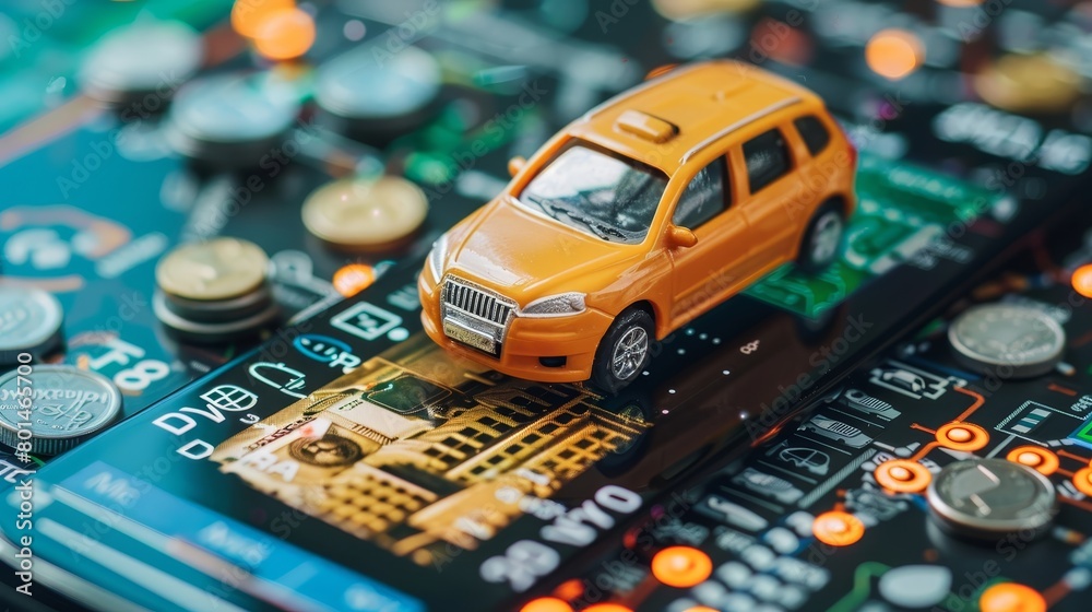 Fototapeta premium A person is driving a car and looking at a cell phone