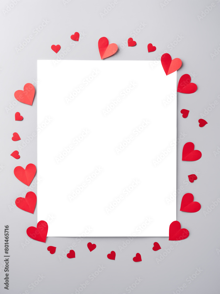 Blank paper on a light gray background, surrounded by red paper heart cutouts. Transparent center. Blank paper on a light gray background, surrounded by red paper heart cutouts. Transparent center.