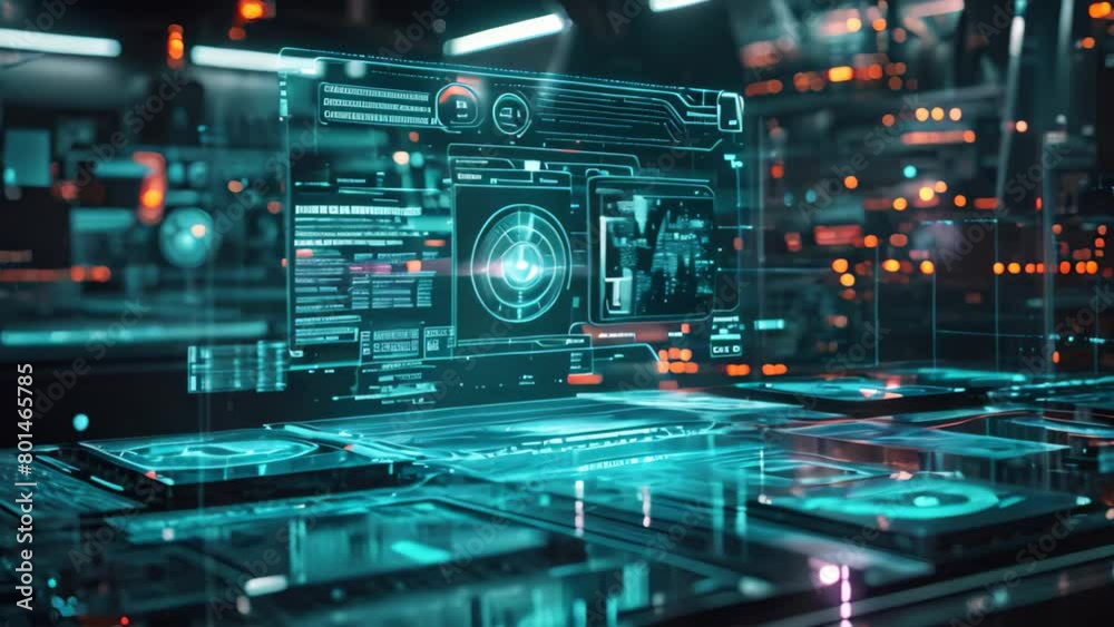 An Video capturing a modern computer screen emitting a futuristic glow against a backdrop of vibrant lights, A holographic interface with codes running and data processing An Video capturing a modern computer screen emitting a futuristic glow against a backdrop of vibrant lights, A holographic interface with codes running and data processing