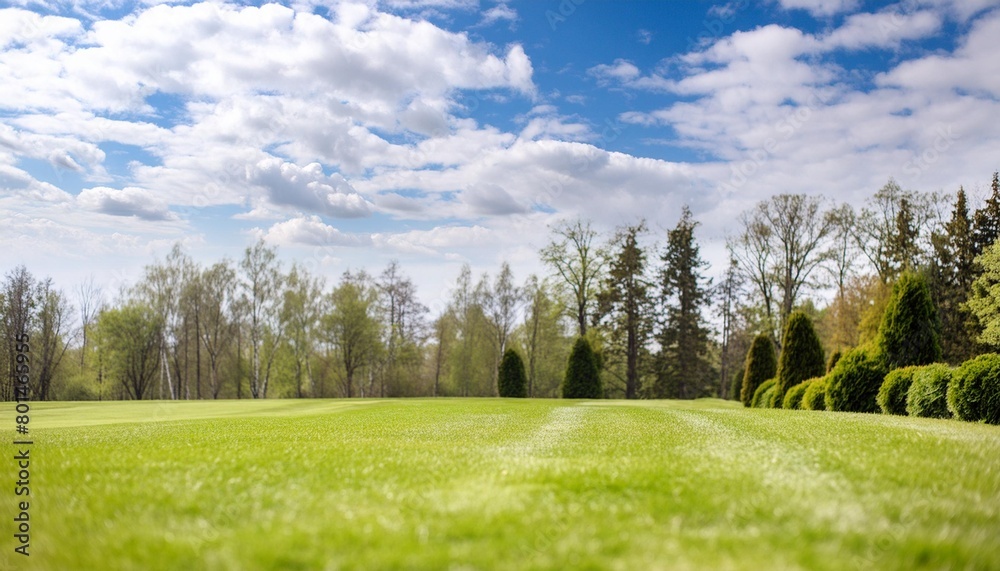 beautiful blurred background image of spring nature with a neatly trimmed grass surrounded by trees against a blue sky with clouds on a bright background sunny day