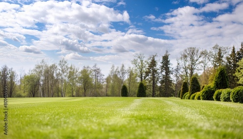 beautiful blurred background image of spring nature with a neatly trimmed grass surrounded by trees against a blue sky with clouds on a bright background sunny day
