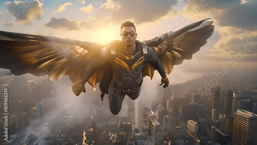 Superhero flying in the sky with costume and cape. Action movie blockbuster shot photo