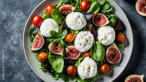 Summer salad with burrata and figs, tomatoes, casserole.