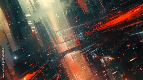 A captivating photo featuring a futuristic cityscape aglow with striking red and blue lights, A loosely interpreted futuristic cityscape in abstract style photo