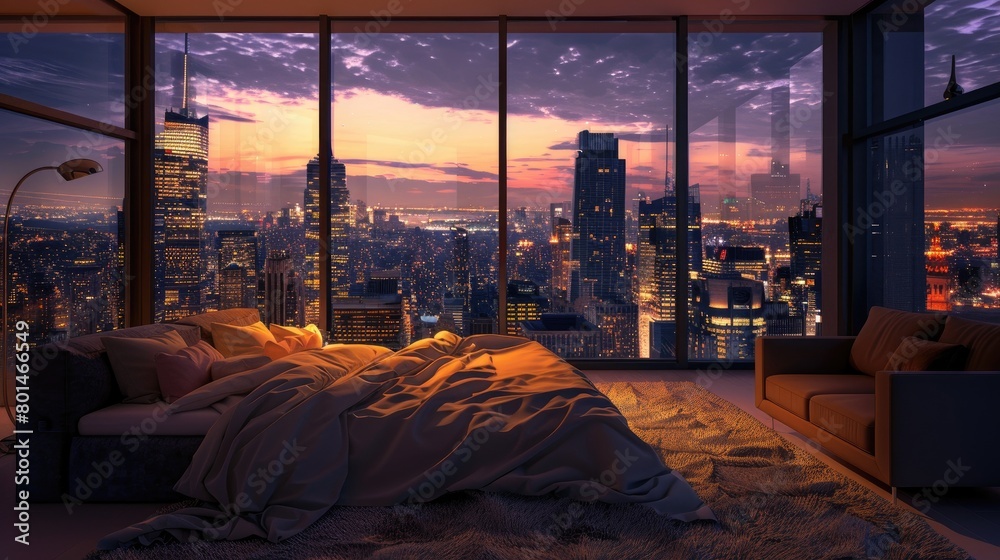 a high bedroom overlooking the city, framed by floor-to-ceiling windows offering a mesmerizing night view, while inside, the minimalist white and grey interior design. a high bedroom overlooking the city, framed by floor-to-ceiling windows offering a mesmerizing night view, while inside, the minimalist white and grey interior design.