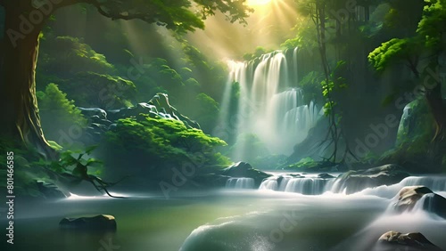 Fast waterfall glowing under sunlight rays near big forest trees and flowing mountain river or lake in morning mist. Beauty of nature concept photo
