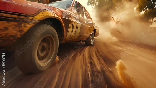High speed shot of a rally car made from cinematic angle. Fast sports car with speed lines photo