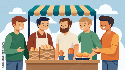 Lured in by the scent of freshly baked bread a group of male friends huddle around a bakery stall at a gourmet food market eagerly discussing which.