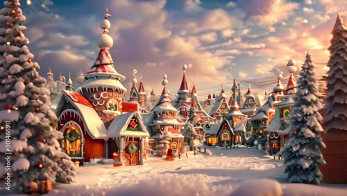 Experience the magic of the holiday season with a charming Christmas village blanketed in snow, A magical landscape of Santa's village in the North Pole photo