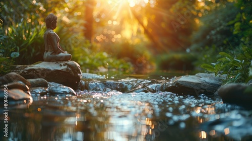 A photo of a buddha statue sitting on a rock in a babbling brook with a beautiful sunset in the background. photo