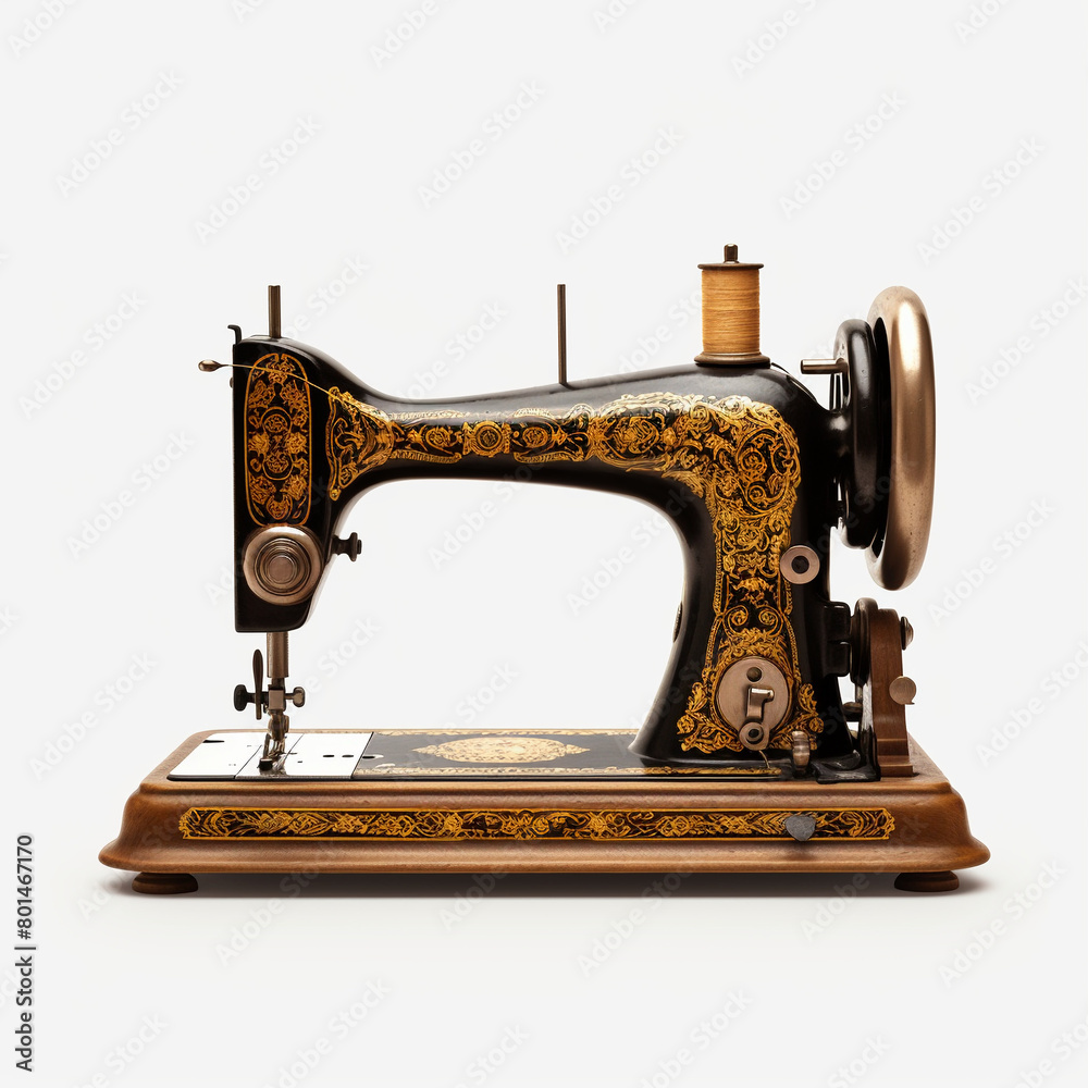 Ornate Antique Sewing Machine on White, Classic Tailoring Concept, AI Generation