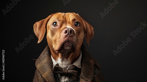 A brown dog with a brown collar and a brown sweater on