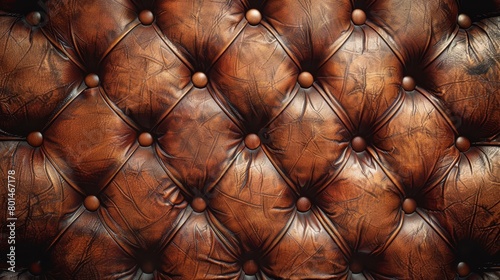  Close-up of a brown leather chair, detailed with rivets adorning its back