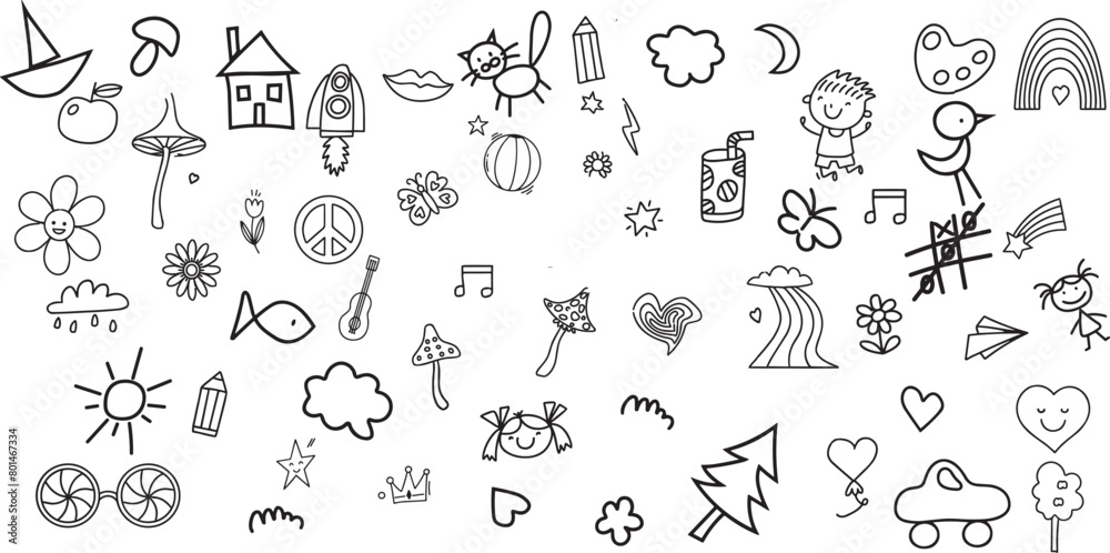 Cute kid scribble line flower, heart. rainbow background. Hand drawn doodle sketch childish element set. Flower, heart, cloud children draw style design elements background