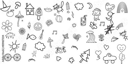 Cute kid scribble line flower, heart. rainbow background. Hand drawn doodle sketch childish element set. Flower, heart, cloud children draw style design elements background	