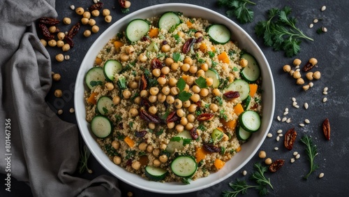 Warm couscous salad with cucumber, chickpeas, sun-dried tomatoes, zucchini, parsley, pumpkin seeds, sunflower seeds, chili flakes.