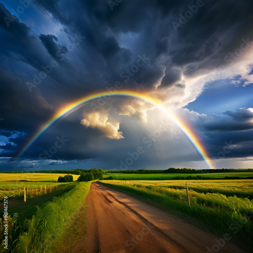 rainbow over stormy sky rural landscape with rainbow over dark stormy sky in a countryside at summrRainbow over stormy sky. Rural landscape with rainbow over dark stormy sky in a countrysi generate ai