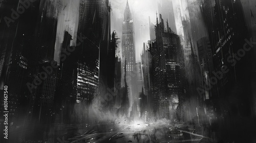 gritty noir cityscape with towering skyscrapers and shadowy street misty cold sin city charcoal digital painting