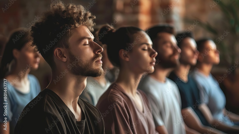 group meditation in yoga studio men and women breathing with closed eyes breathwork concept group meditation in yoga studio men and women breathing with closed eyes breathwork concept